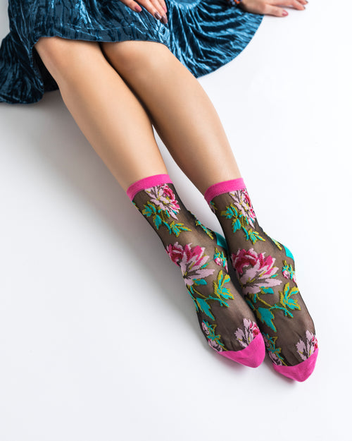 Sock Candy English Rose Floral sheer black socks